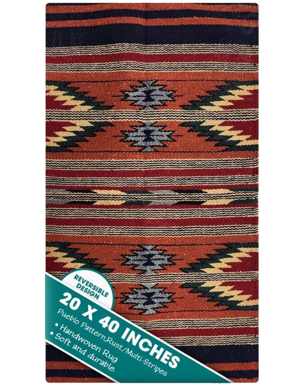 Boho Southwest Area Rug-Pueblo Pattern-40x20 Rust/Multi-Stripes